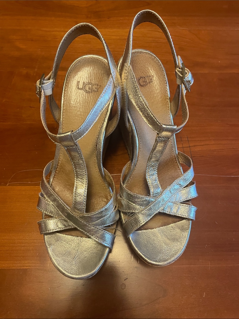UGG Metallic Gold Wedge Sandals with T-Strap